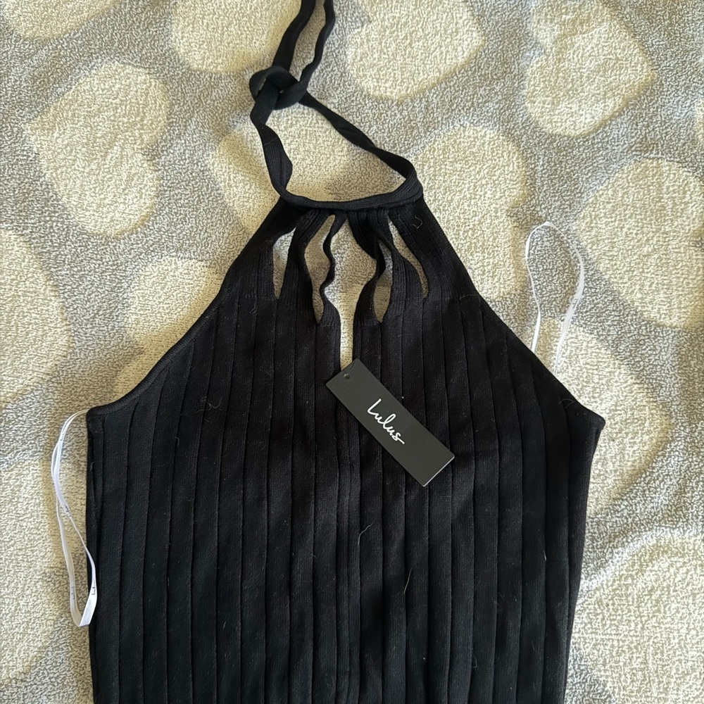 Lulu's Style Strike Black Ribbed Knit Cutout Cropped Halter Top